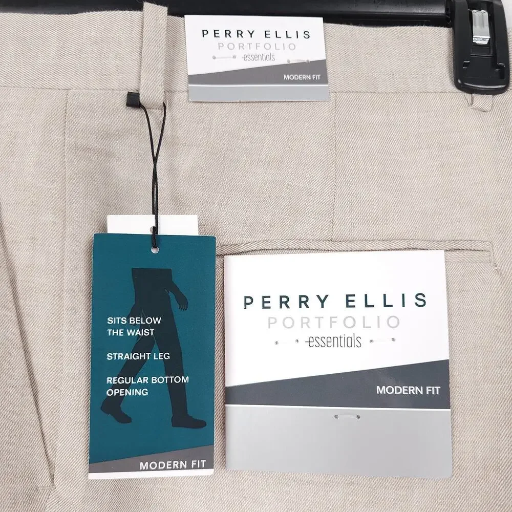 Perry Ellis Portfolio Mens Modern Fit Dress Pants 32x29 Light Tan Linen Cotton